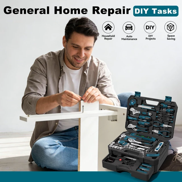 Alt view image 7 of 7 - 328 Piece Tool Kit For Home,Hand Repair Tool Set,Toolbox Storage Case with Drawer,General Household/Auto Tool Set,Perfect for Homeowner, DIY, Handyman (Blue and black)