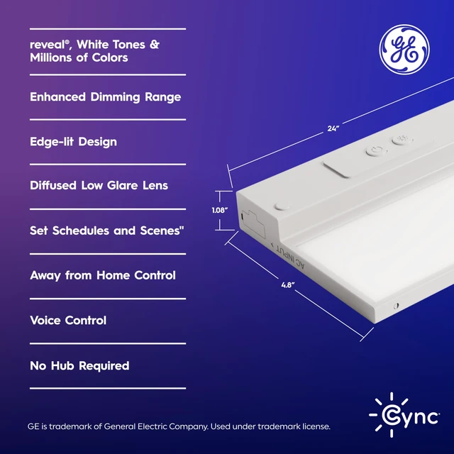 Alt view image 2 of 7 - GE Reveal HD+ Smart LED Undercabinet Bar Light, 24 inches Color Changing & Tunable White 2000K to 7000K, Wi-Fi, Works with Alexa & Google Home, Plug-in or Direct Wire, No Hub Required