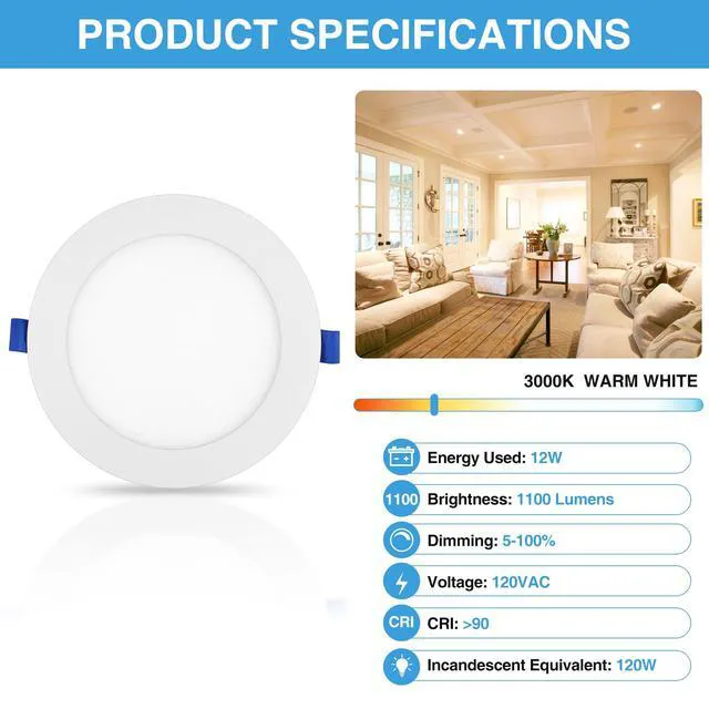 Alt view image 4 of 7 - 6 Inch LED Recessed Ceiling Lights, Smooth Trim Canless Downlight, 12W 1100Lm, 3000K Warm White, Dimmable LED Panel with JBox, ETL & FCC, 12 Pack