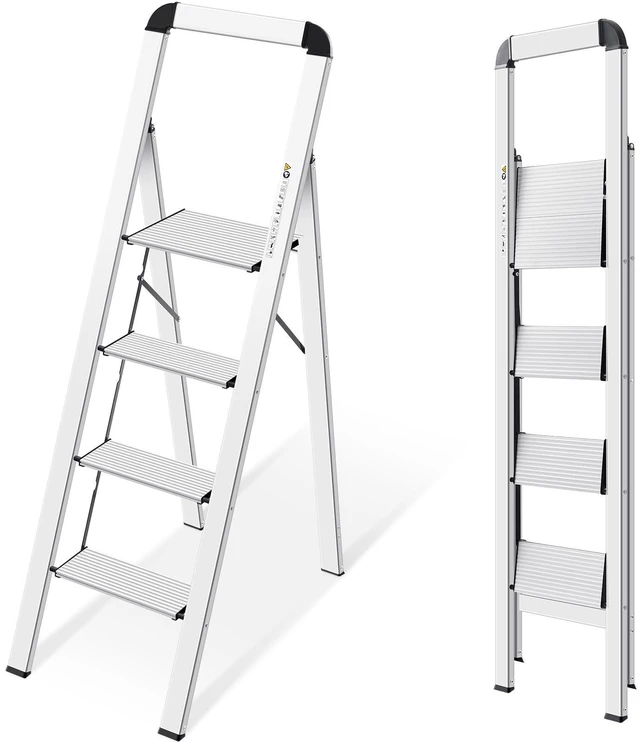 Main image of Aluminium 4 Step Ladder, Lightweight Step Stool with Non-Slip Pedals, Handrail, Foldable Step Ladder for Kitchen, Garage, Home, Space Saving, Sturdy and Portable, Silver