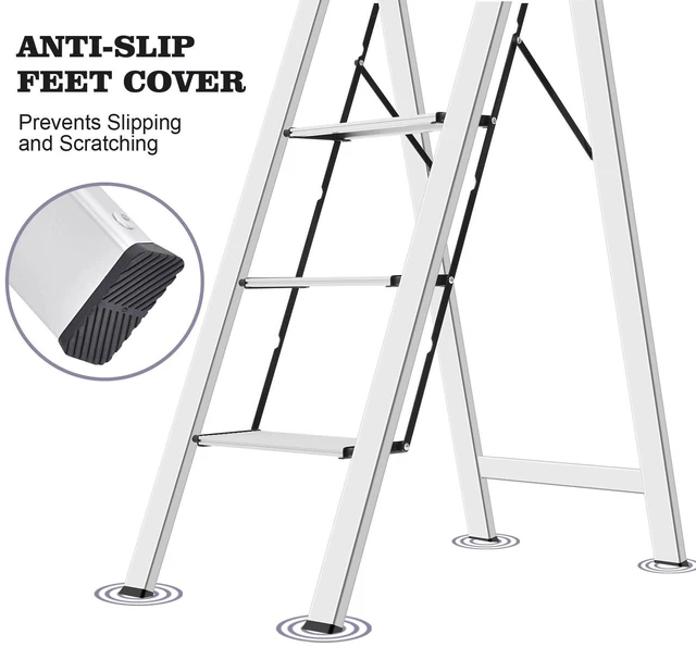 Alt view image 3 of 6 - Aluminium 4 Step Ladder, Lightweight Step Stool with Non-Slip Pedals, Handrail, Foldable Step Ladder for Kitchen, Garage, Home, Space Saving, Sturdy and Portable, Silver