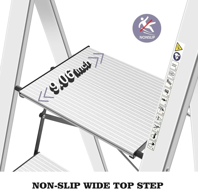 Alt view image 2 of 6 - Aluminium 4 Step Ladder, Lightweight Step Stool with Non-Slip Pedals, Handrail, Foldable Step Ladder for Kitchen, Garage, Home, Space Saving, Sturdy and Portable, Silver