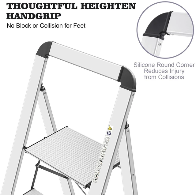 Alt view image 4 of 6 - Aluminium 4 Step Ladder, Lightweight Step Stool with Non-Slip Pedals, Handrail, Foldable Step Ladder for Kitchen, Garage, Home, Space Saving, Sturdy and Portable, Silver