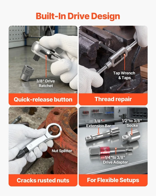 Alt view image 4 of 7 - 63-Piece Bolt Extractor Kit & Screw Extractor Set, Lug Nut Removal Tool with Left Hand Drill Bit Set, Nut Splitters, Taps & Tap Wrench, Ratchet, Adapters for Removing Rounded, Broken, Stripped