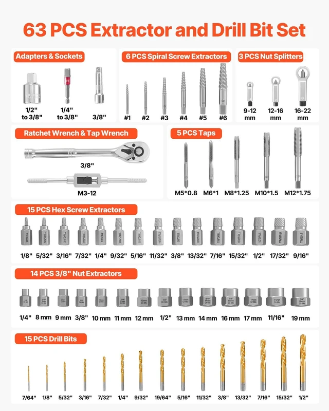 Alt view image 2 of 7 - 63-Piece Bolt Extractor Kit & Screw Extractor Set, Lug Nut Removal Tool with Left Hand Drill Bit Set, Nut Splitters, Taps & Tap Wrench, Ratchet, Adapters for Removing Rounded, Broken, Stripped