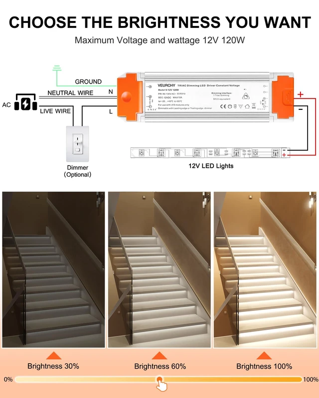 Alt view image 5 of 7 - 120W LED Driver 12v Dimmable, AC 120V to DC 12V 120 Watt LED Dimmable Transformer 10A Compatible with Lutron & Leviton Dimmer Switches,12 volt Power Supply for LEDs Strip Light, Cabinets Light