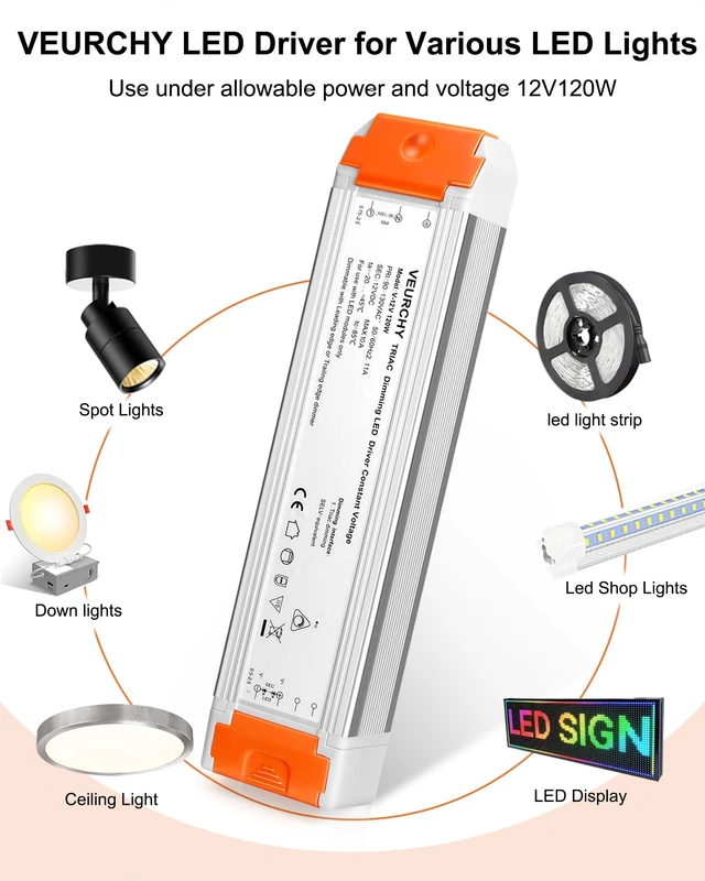 Alt view image 7 of 7 - 120W LED Driver 12v Dimmable, AC 120V to DC 12V 120 Watt LED Dimmable Transformer 10A Compatible with Lutron & Leviton Dimmer Switches,12 volt Power Supply for LEDs Strip Light, Cabinets Light