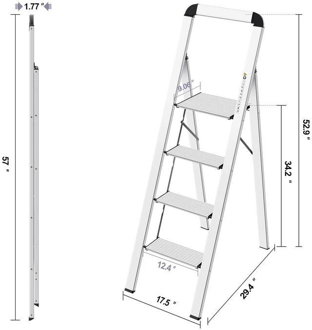 Alt view image 6 of 6 - Aluminium 4 Step Ladder, Lightweight Step Stool with Non-Slip Pedals, Handrail, Foldable Step Ladder for Kitchen, Garage, Home, Space Saving, Sturdy and Portable, Silver