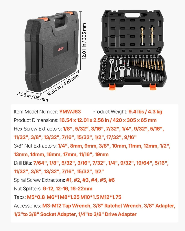 Alt view image 7 of 7 - 63-Piece Bolt Extractor Kit & Screw Extractor Set, Lug Nut Removal Tool with Left Hand Drill Bit Set, Nut Splitters, Taps & Tap Wrench, Ratchet, Adapters for Removing Rounded, Broken, Stripped
