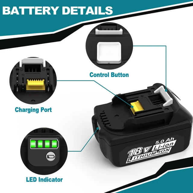 Alt view image 7 of 7 - 2 Packs 5.0Ah 18V Battery Replacement for Makita 18V Battery BL1850B BL1840B 1860B BL1830B BL1815B Compatible with Makita 18 Volt Cordless Power Tool and Charger