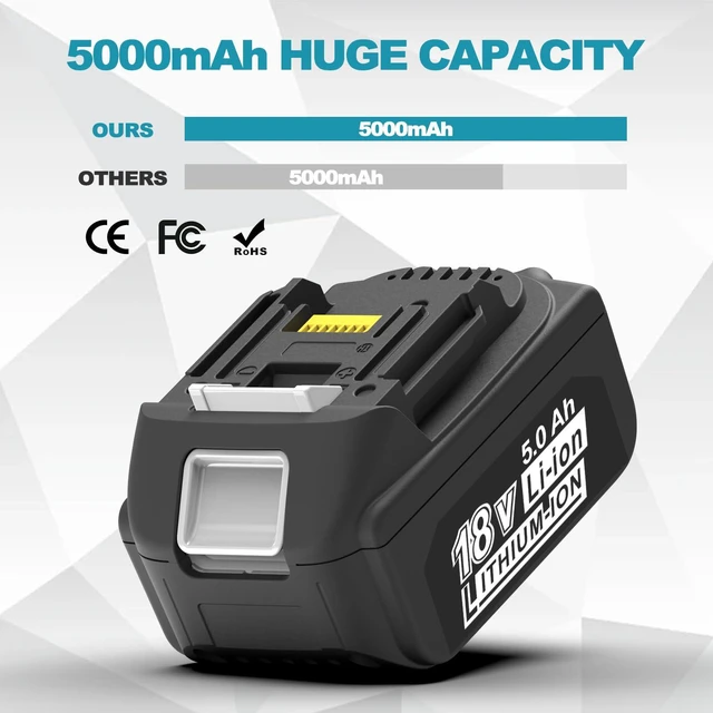 Alt view image 6 of 7 - 2 Packs 5.0Ah 18V Battery Replacement for Makita 18V Battery BL1850B BL1840B 1860B BL1830B BL1815B Compatible with Makita 18 Volt Cordless Power Tool and Charger