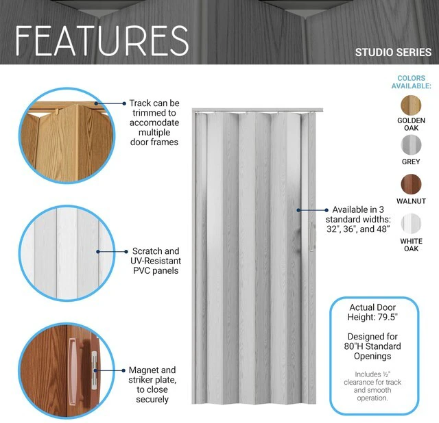Alt view image 3 of 7 - Studio Series 48" x 80" PVC Foldable Accordion Door, Walnut Trimmable PVC panels, flexible single-layer design, space-saving interior door, room divider, easy installation