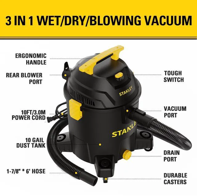 Alt view image 2 of 7 - 10 Gallon Wet Dry Vacuum, 6 Peak HP Poly Built-in Drain Shop Vac Blower with Powerful Suction, Multifunctional Shop Vacuum W/ 6 Horsepower Motor for Job Site, Garage, Basement, Van, Workshop