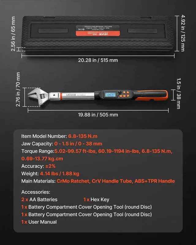 Alt view image 7 of 7 - Torque Wrench 0-1.5 in Adjustable Jaw Opening Digital Torque Wrench, Open-End Jaw, 4 Display Units, ±2% Accuracy, LCD Screen, with Buzzer and LED Indicator, for Pipe and Automotive Repair