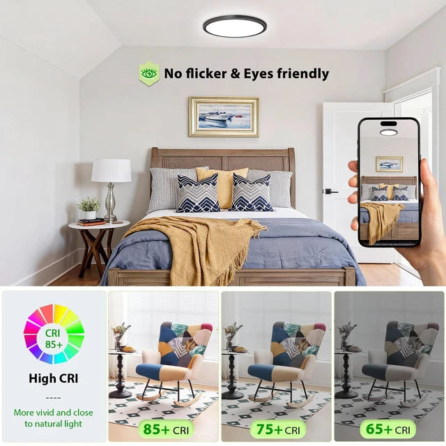 Alt view image 6 of 6 - 8 Pack 3200lm LED Flush Mount Ceiling Light 12 Inch,5CCT Adjustable, Super Slim 0.87 inch led Ceiling Light Fixture for Bedroom, Living Room, Dining Room (Black, 8-Pack)