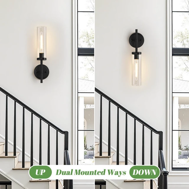 Alt view image 6 of 7 - Hardwired Wall Sconces Set of Two, Matte Black Bathroom Sconces with Clear Glass, Modern Wall Light Fixtures for Bathroom Mirror Vanity, Living Room, Bedroom, Hallway, Stairway, Cabinet, Foyer