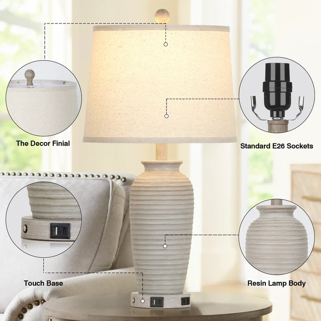 Alt view image 7 of 7 - 25" Farmhouse Jar Table Lamps Set of 2, 3 Way Touch Control Rustic Bedside Lamps with USB A+C Ports & AC Outlet, Pot Nightstand Lamps for Bedroom Living Room (LED Bulbs Included)