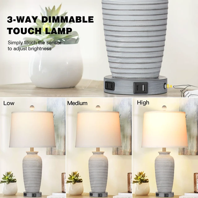 Alt view image 3 of 7 - 25" Farmhouse Jar Table Lamps Set of 2, 3 Way Touch Control Rustic Bedside Lamps with USB A+C Ports & AC Outlet, Pot Nightstand Lamps for Bedroom Living Room (LED Bulbs Included)