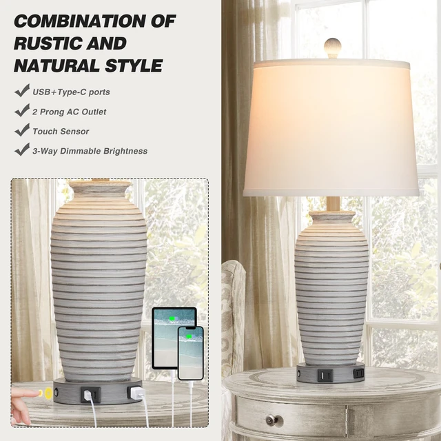 Alt view image 4 of 7 - 25" Farmhouse Jar Table Lamps Set of 2, 3 Way Touch Control Rustic Bedside Lamps with USB A+C Ports & AC Outlet, Pot Nightstand Lamps for Bedroom Living Room (LED Bulbs Included)