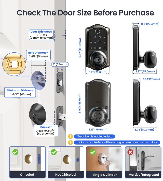 Alt view image 6 of 7 - VE018 Fingerprint Keypad Smart Door Knob Handle Lock, Matte Black App Control, Electronic Touchscreen Keypad, Remote Grant Access, Fob Unlock, Auto Lock, Keyless Entry for Front Door, Bedroom