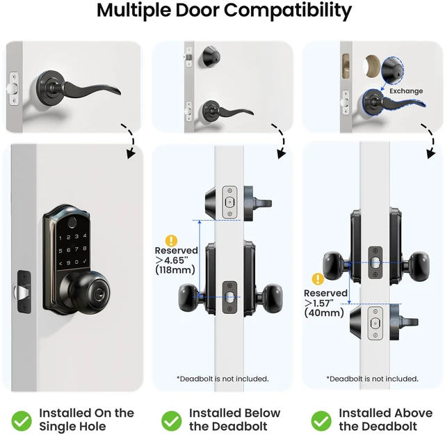 Alt view image 7 of 7 - VE018 Fingerprint Keypad Smart Door Knob Handle Lock, Matte Black App Control, Electronic Touchscreen Keypad, Remote Grant Access, Fob Unlock, Auto Lock, Keyless Entry for Front Door, Bedroom