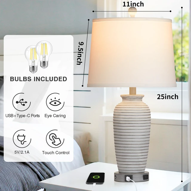 Alt view image 6 of 7 - 25" Farmhouse Jar Table Lamps Set of 2, 3 Way Touch Control Rustic Bedside Lamps with USB A+C Ports & AC Outlet, Pot Nightstand Lamps for Bedroom Living Room (LED Bulbs Included)