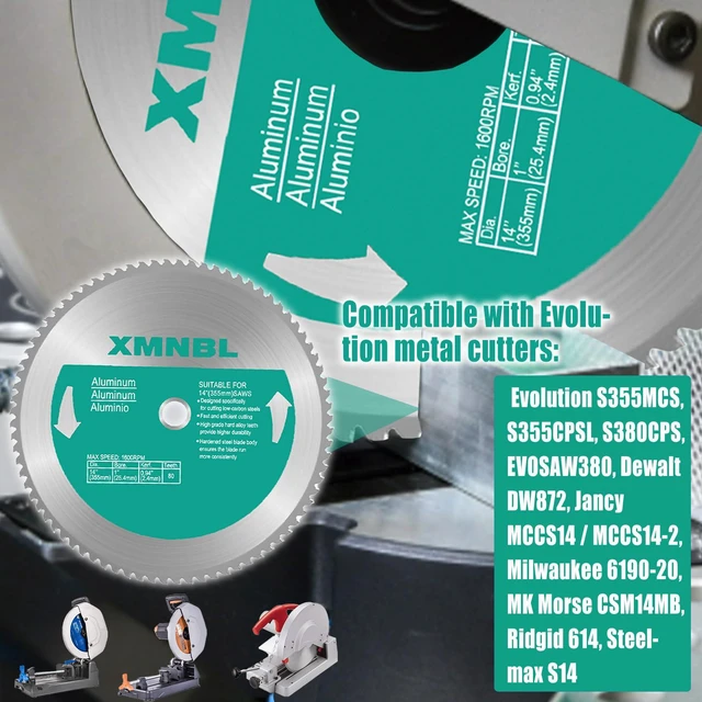 Alt view image 3 of 7 - 14 Inch 80 Teeth Aluminium Cutting Blade,Replacement for Evolution 14 Inch 80 Teeth Aluminium Cutting Blade,Compatible with Evolution S355CPSL,S380CPS,EVOSAW380,Dewalt DW872 and Other Cutting Saws