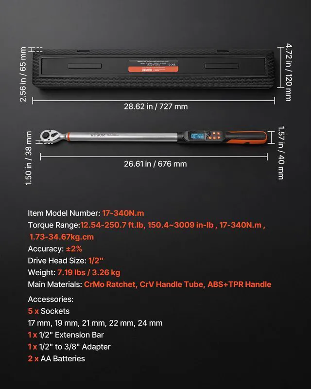 Alt view image 2 of 7 - Torque Wrench Set 1/2" Drive Digital Torque Wrench 4 Display Units, ±2% Accuracy, LCD Screen, with Buzzer and LED Indicator, with Sockets, Extension Bar, Adapter, for Automotive Repair
