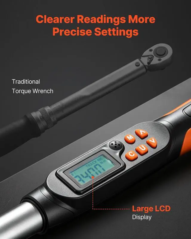 Alt view image 3 of 7 - Torque Wrench Set 1/2" Drive Digital Torque Wrench 4 Display Units, ±2% Accuracy, LCD Screen, with Buzzer and LED Indicator, with Sockets, Extension Bar, Adapter, for Automotive Repair