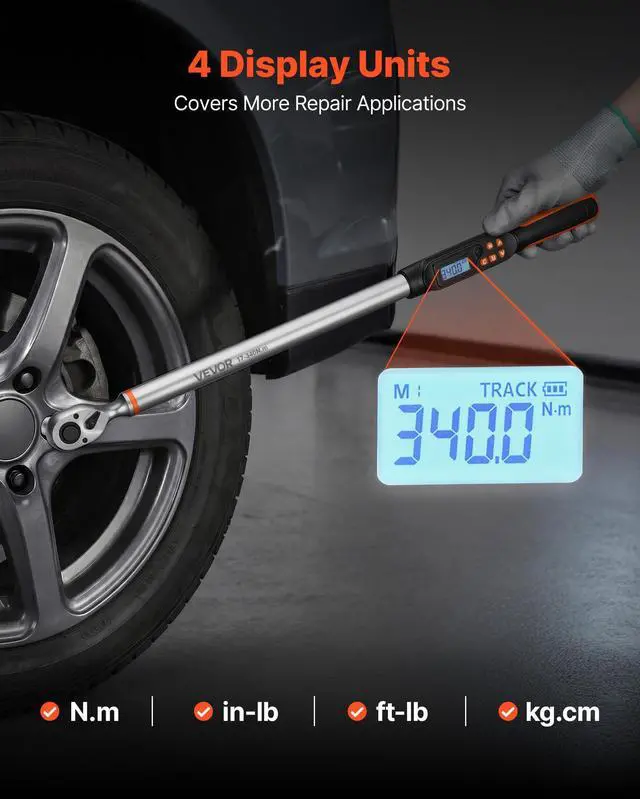 Alt view image 5 of 7 - Torque Wrench Set 1/2" Drive Digital Torque Wrench 4 Display Units, ±2% Accuracy, LCD Screen, with Buzzer and LED Indicator, with Sockets, Extension Bar, Adapter, for Automotive Repair