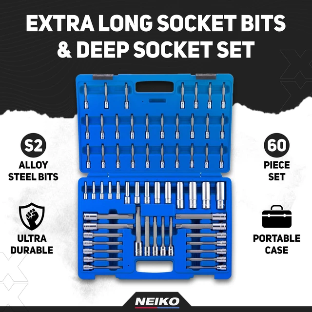 Alt view image 2 of 6 - 10287A Extra Long Socket Bits and Deep Socket Set | 60 Piece | S2 Tamperproof Torx Plus Bits and Cr-V Steel E-Torx Sockets
