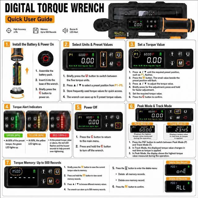 Alt view image 7 of 7 - 3/8" Drive Digital Torque Wrench 0.66-44.29 Ft.lbs/0.9-60Nm ±1% Accuracy Electric Torque Wrench, Dual Direction Ratchet, Buzzer & LED Alert