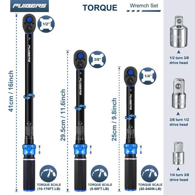 Alt view image 2 of 7 - Torque Wrench Set 1/2 3/8 1/4 inch Drive Click, 3Pcs Torque Wrenches 10-170 FT.LB,5-50FT.LB,20-240IN.LB, Inch pound Torque Wrench with 3 Pcs Adapter for Bike,Car, Truck,Tractor