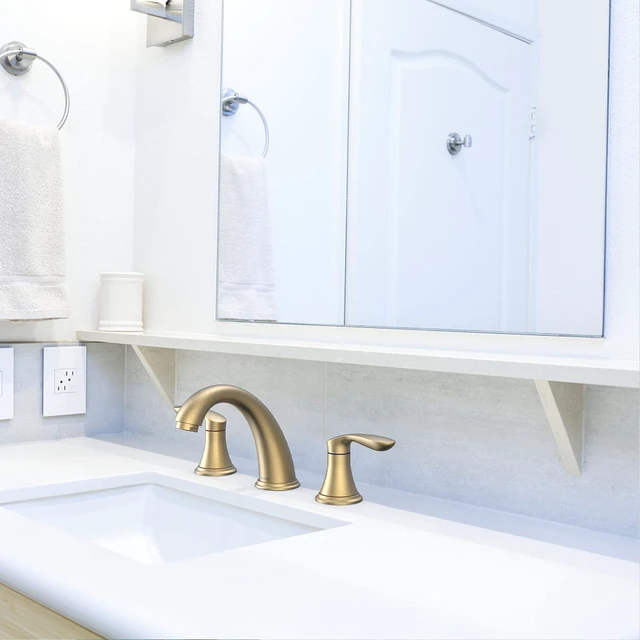 Alt view image 2 of 6 - Bathroom Sink Faucet, Dual Handle Widespread Bathroom Faucet 3-Hole Design with Brushed Gold Finish, Includes Plastic Pop-Up Drain and cUPC Certified Lead-Free Hoses (Brushed Gold)