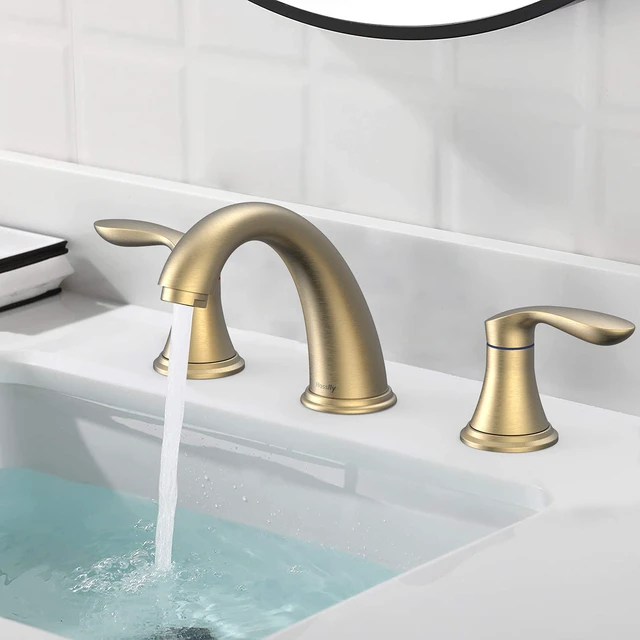 Alt view image 5 of 6 - Bathroom Sink Faucet, Dual Handle Widespread Bathroom Faucet 3-Hole Design with Brushed Gold Finish, Includes Plastic Pop-Up Drain and cUPC Certified Lead-Free Hoses (Brushed Gold)
