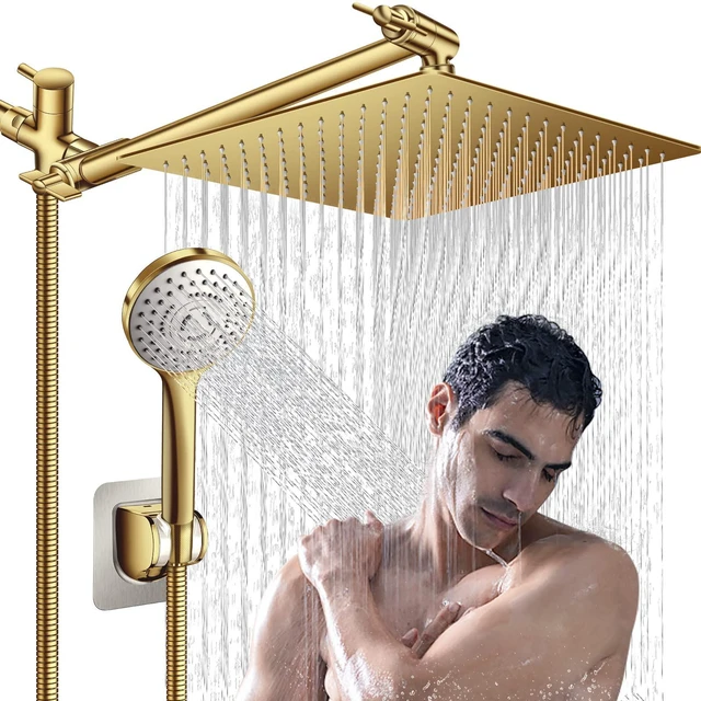 Main image of Shower Head,12'' Rain Shower Head with 11'' Extension Arm,Brushed Gold 5 Settings High Pressure Handheld Shower Head Combo,Adjustable Powerful Shower Spray Against Low Pressure Water