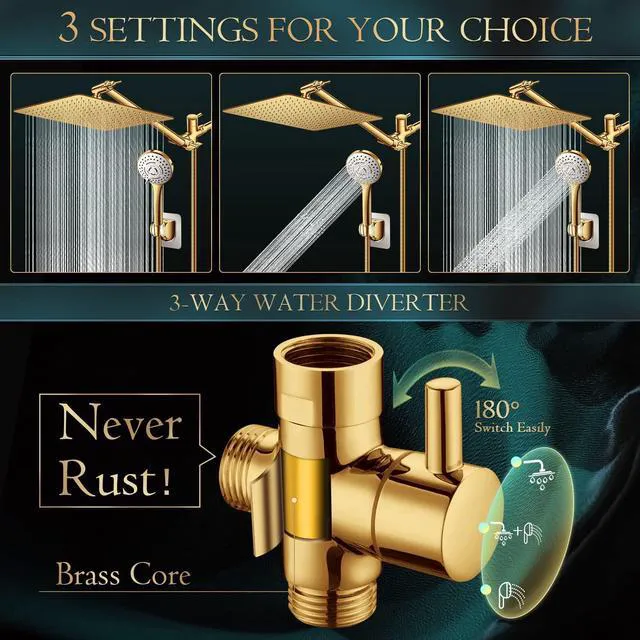 Alt view image 3 of 6 - Shower Head,12'' Rain Shower Head with 11'' Extension Arm,Brushed Gold 5 Settings High Pressure Handheld Shower Head Combo,Adjustable Powerful Shower Spray Against Low Pressure Water
