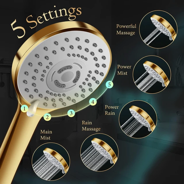 Alt view image 4 of 6 - Shower Head,12'' Rain Shower Head with 11'' Extension Arm,Brushed Gold 5 Settings High Pressure Handheld Shower Head Combo,Adjustable Powerful Shower Spray Against Low Pressure Water