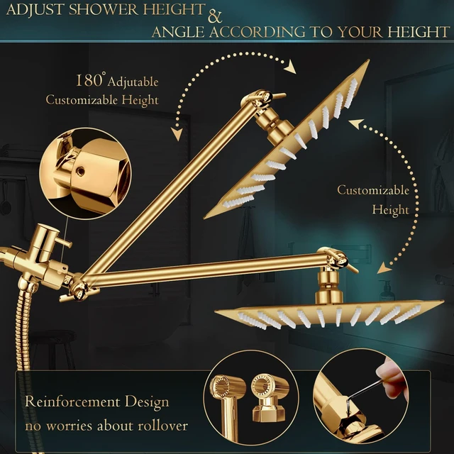 Alt view image 6 of 6 - Shower Head,12'' Rain Shower Head with 11'' Extension Arm,Brushed Gold 5 Settings High Pressure Handheld Shower Head Combo,Adjustable Powerful Shower Spray Against Low Pressure Water