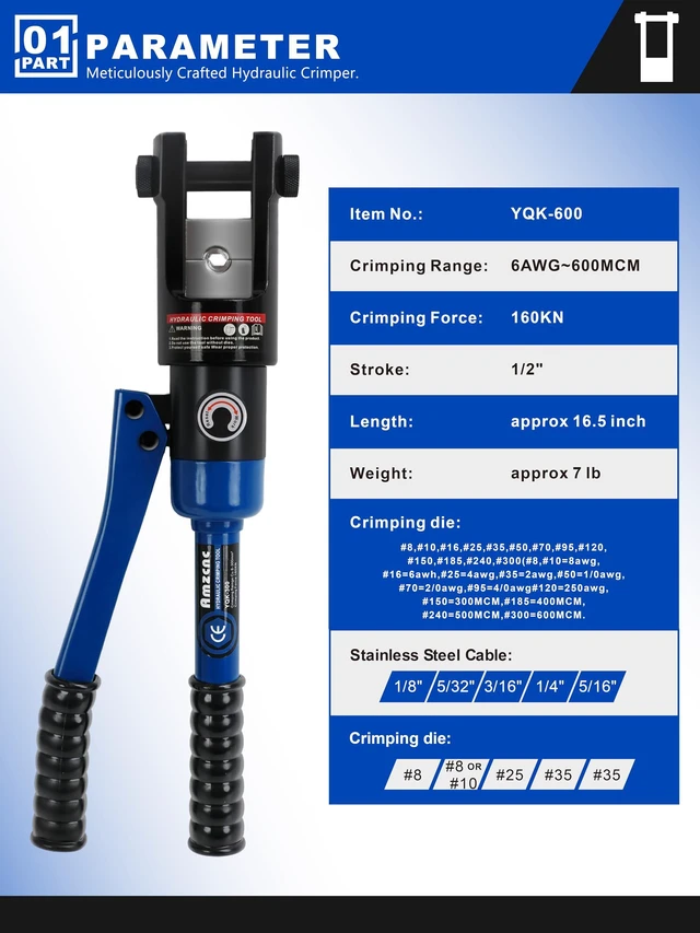 Alt view image 4 of 7 - Hydraulic Cable Lug Crimper 16 Ton, 9 AWG-600 MCM Tool Electricians & Contractors, 13 Die Sets for Crimping 9 AWG-600 MCM Copper & Aluminum Cable Lugs