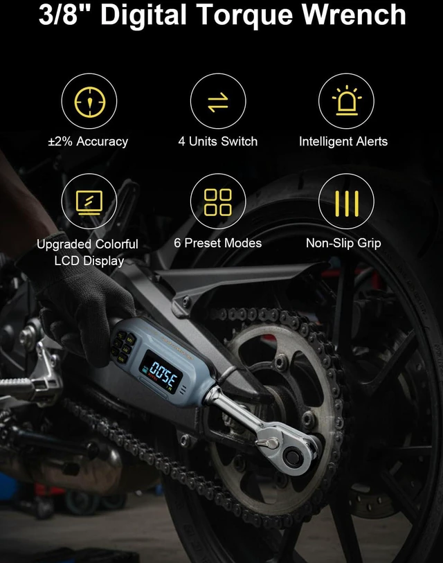 Alt view image 2 of 7 - Digital Torque Wrench, 2.2-44.2 Ft-lbs/3-60 Nm, 3/8'' Drive Rachet Torque Wrench with Buzzer & Colorful LED Indicator, Electronic Torque Wrench Set for Bike Motorcycle Auto Repair