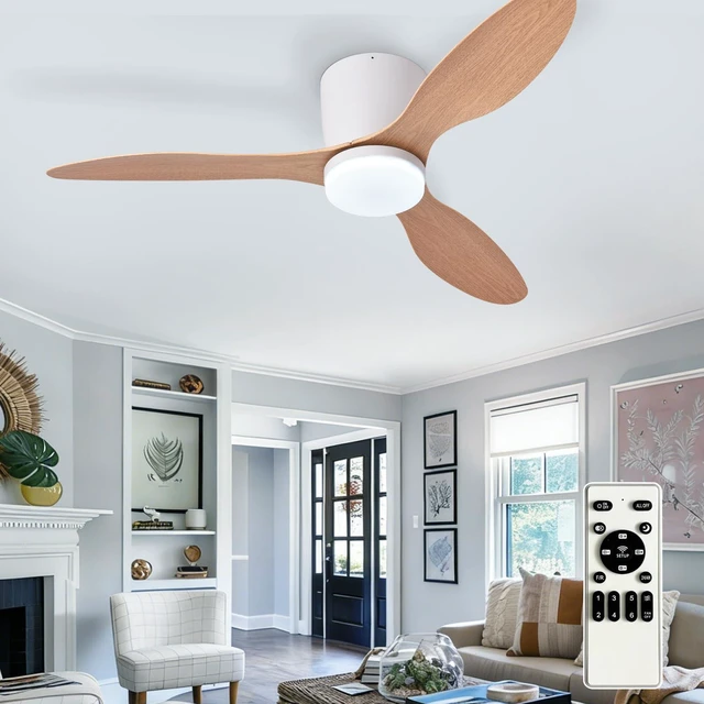 Main image of Flush Mount Ceiling Fan: 42-Inch White Ceiling Fans with Lights for Bedroom Indoor Outdoor - Low Profile Ceiling Fans with Remote Control 24W 3CCT Dimmable 3 Reversible Wood Blades 6 Speeds