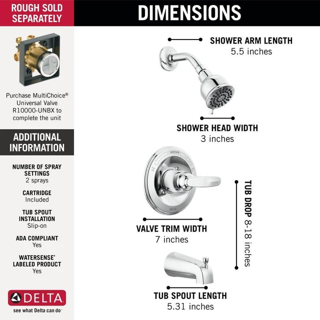 Alt view image 3 of 7 - Foundations 13 Series 2-Spray Bathtub and Shower Faucet Set, Chrome Shower Head and Handle Set, Valve Trim Kit, Chrome BT13410 (Valve Not Included)
