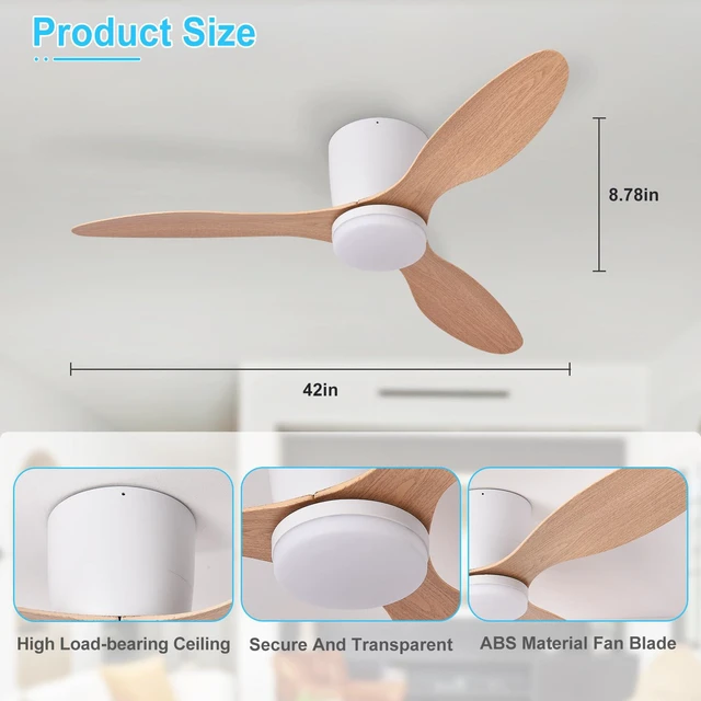 Alt view image 5 of 7 - Flush Mount Ceiling Fan: 42-Inch White Ceiling Fans with Lights for Bedroom Indoor Outdoor - Low Profile Ceiling Fans with Remote Control 24W 3CCT Dimmable 3 Reversible Wood Blades 6 Speeds