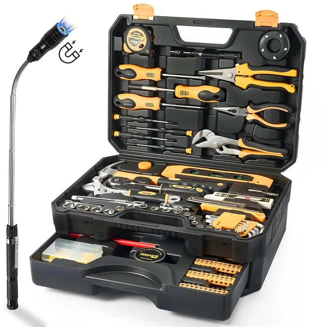 Main image of Tool Kit for Home, Basic Tool Set with Magnetic Pickup Tool For general household and auto repair with storage case and drawer, for homeowners, diy projects, and handyman mechanics