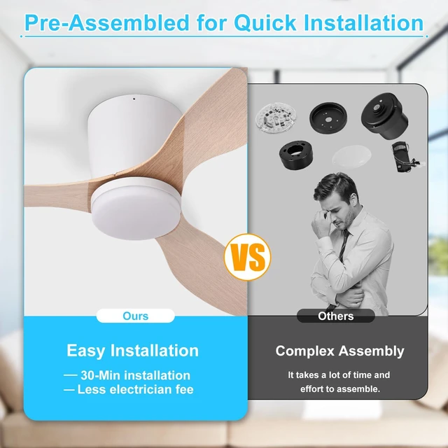 Alt view image 7 of 7 - Flush Mount Ceiling Fan: 42-Inch White Ceiling Fans with Lights for Bedroom Indoor Outdoor - Low Profile Ceiling Fans with Remote Control 24W 3CCT Dimmable 3 Reversible Wood Blades 6 Speeds