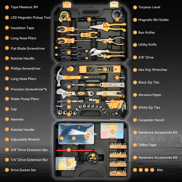 Alt view image 6 of 7 - Tool Kit for Home, Basic Tool Set with Magnetic Pickup Tool For general household and auto repair with storage case and drawer, for homeowners, diy projects, and handyman mechanics