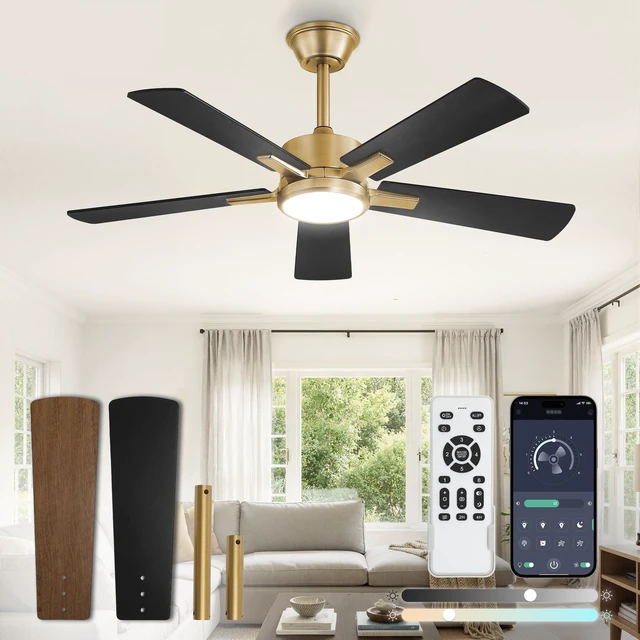 Main image of 42 Inch Black and Gold Ceiling Fan with Light, Remote & APP Stepless CCT & Dimmable, 20W LED, 6-Speed, Timer, Reversible Quiet DC Motor, Quick Setup, for Bedroom, Living Room, Apartment