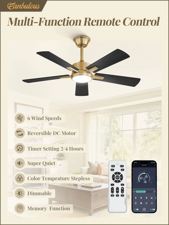Alt view image 4 of 7 - 42 Inch Black and Gold Ceiling Fan with Light, Remote & APP Stepless CCT & Dimmable, 20W LED, 6-Speed, Timer, Reversible Quiet DC Motor, Quick Setup, for Bedroom, Living Room, Apartment