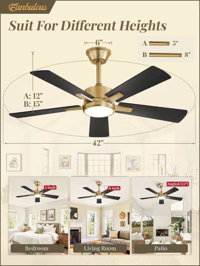 Alt view image 7 of 7 - 42 Inch Black and Gold Ceiling Fan with Light, Remote & APP Stepless CCT & Dimmable, 20W LED, 6-Speed, Timer, Reversible Quiet DC Motor, Quick Setup, for Bedroom, Living Room, Apartment